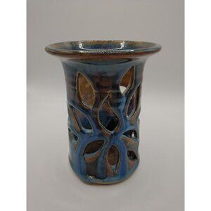Handmade Pottery Luminary Candle Holder with Leaf Cutouts & Blue-Brown Glaze